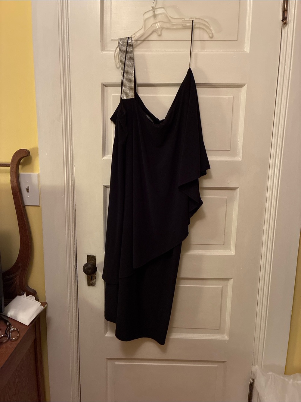 R&M Richards Black One-Shoulder Asymmetrical Dress with Rhinestone Strap